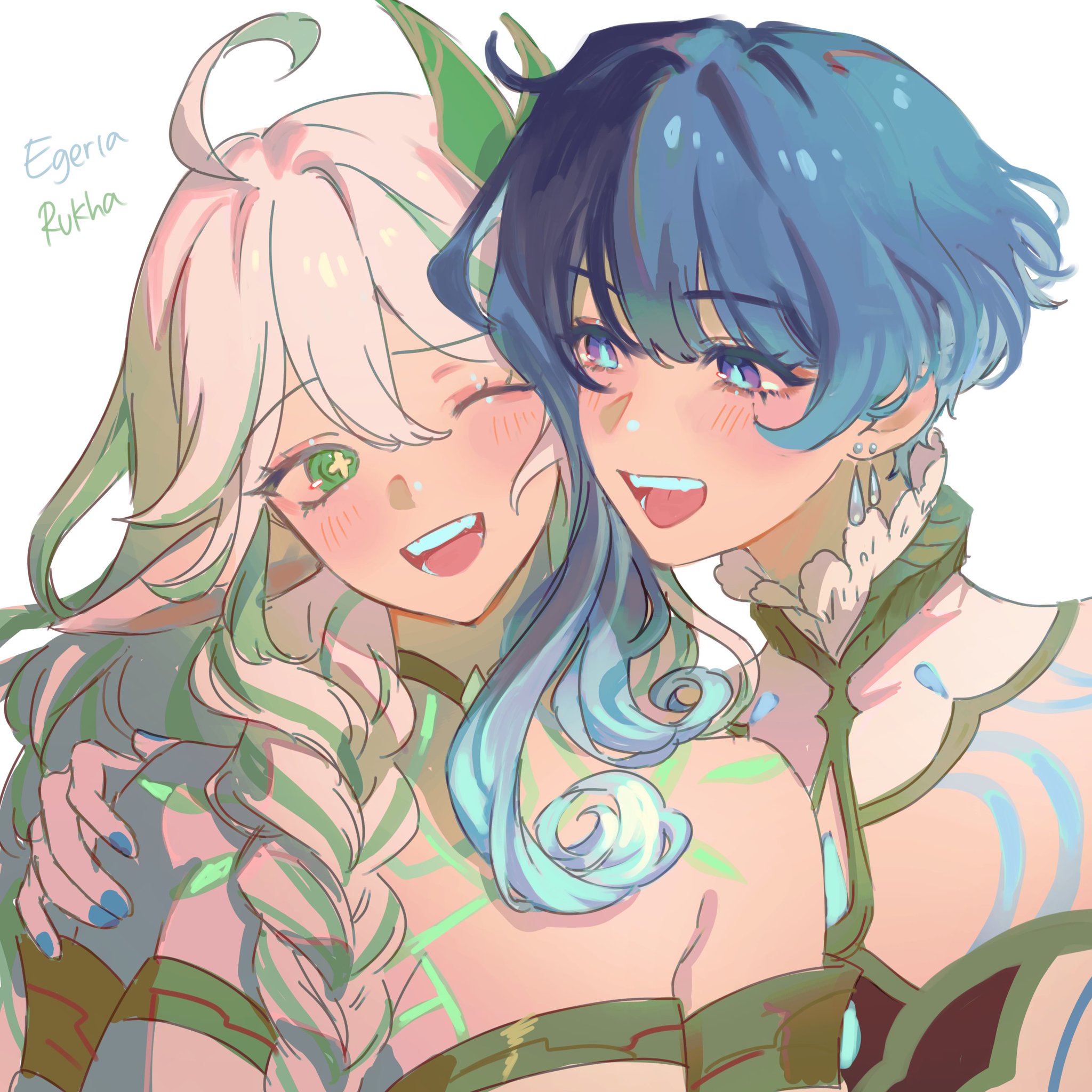 this is a digital illustration of two anime girls. both girls have long hair. the girl on the left has long, green hair, and green eyes. she is wearing a green outfit, and she has a floral pattern on her chest. the girl on the right has blue hair, and blue eyes. she is wearing a blue and white outfit. the girl on the right is hugging the girl on the left. both girls are smiling happily. the image is set against a white background.