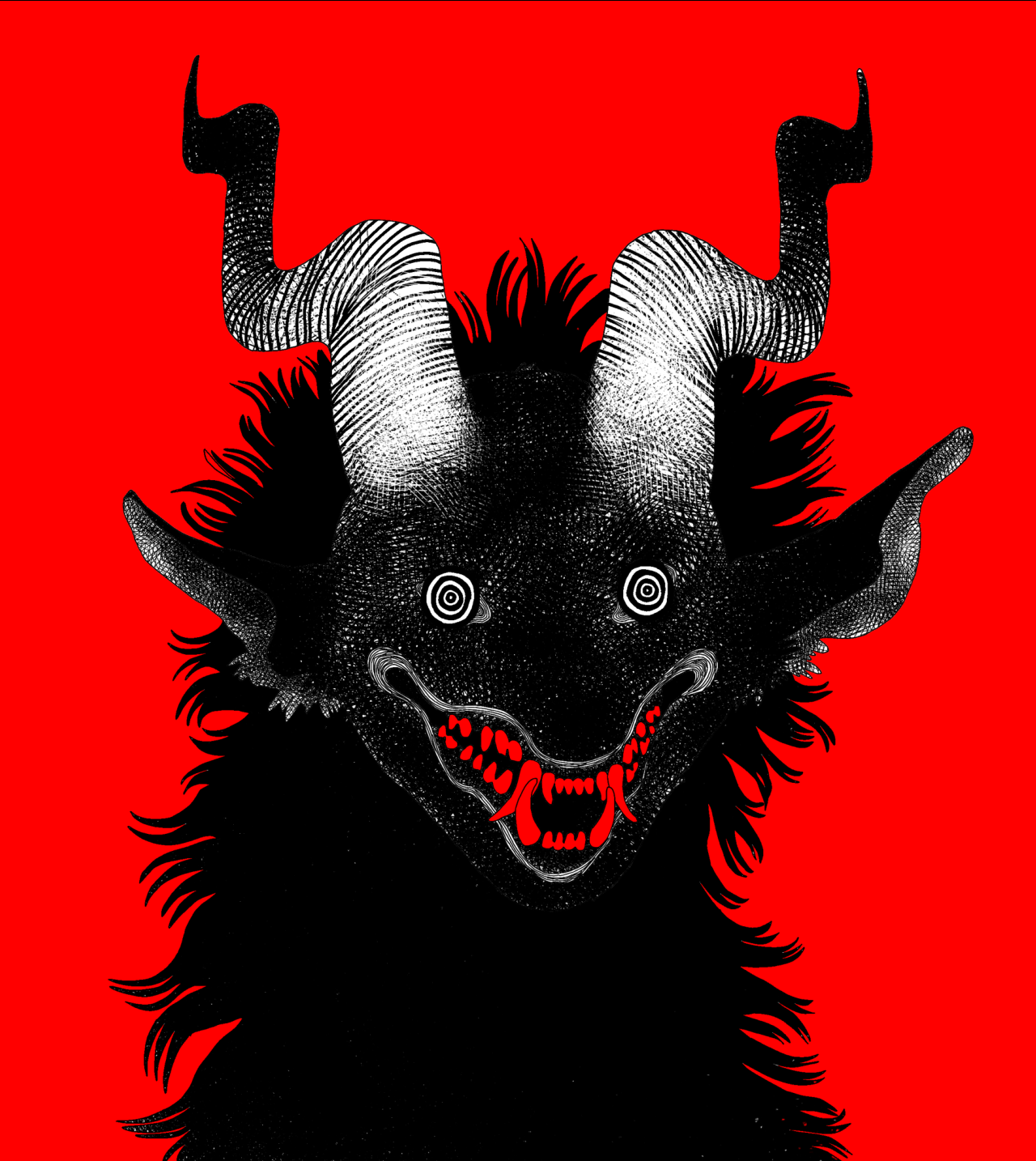 a black and white, inkdrawn illustration depicts a monstrous head against a vibrant red background. the creature possesses large, spiraled horns, pointed ears, and a gaping maw filled with sharp teeth. its eyes are wide and white, creating a chillingly vacant stare. the overall aesthetic evokes themes of horror, the macabre, and halloween.