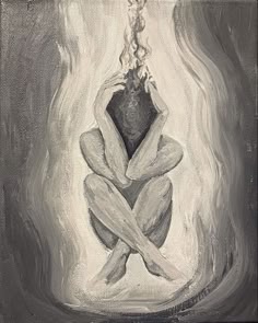 this is a black and white painting of a woman sitting on the ground, with her head bent forward and her arms around her knees. her body is bent into a fetal position, and her face is hidden from view. the woman is in a dark and shadowy space, and the only light comes from a faint glow around her. the overall impression is one of despair, sadness, and loneliness.