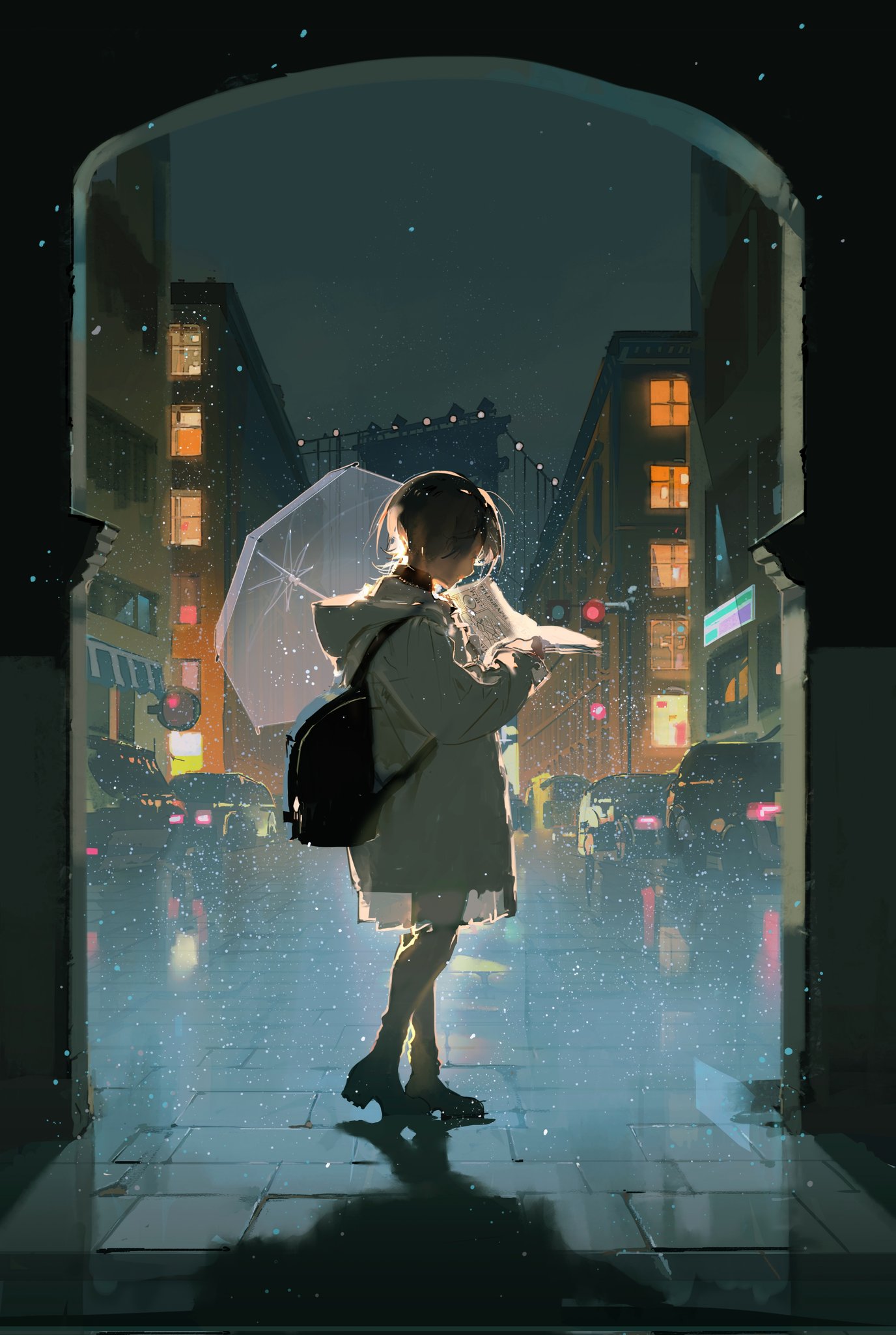 he image showcases a girl standing under a transparent umbrella on a rainy city street at night. lit by the warm glow of streetlights, she is engrossed in reading while standing within an archway that frames the scene. the city's architecture blends modern and traditional elements, creating a visually appealing backdrop. the overall atmosphere is calm and introspective, with the girl seemingly at peace amidst the urban hustle.