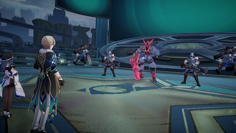 a screenshot from a video game depicting a battle scene in a futuristic arena. multiple characters, some resembling animestyle soldiers and others resembling mechs or robots, are engaged in combat.  the arena is circular and features a teal and gray color scheme. two characters are prominently featured in the foreground, one with blond hair and a teal and black outfit, and the other a female character in white and blue.  the overall aesthetic is a blend of anime and scifi, suggesting a roleplaying game (rpg) setting.
