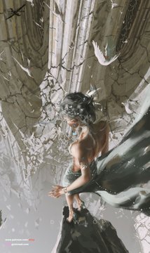 a drawing of a woman falling from the sky surrounded by birds and debris of a crumbling building. the woman is wearing a long flowing dress. the sky is overcast and the environment is that of ruins.
