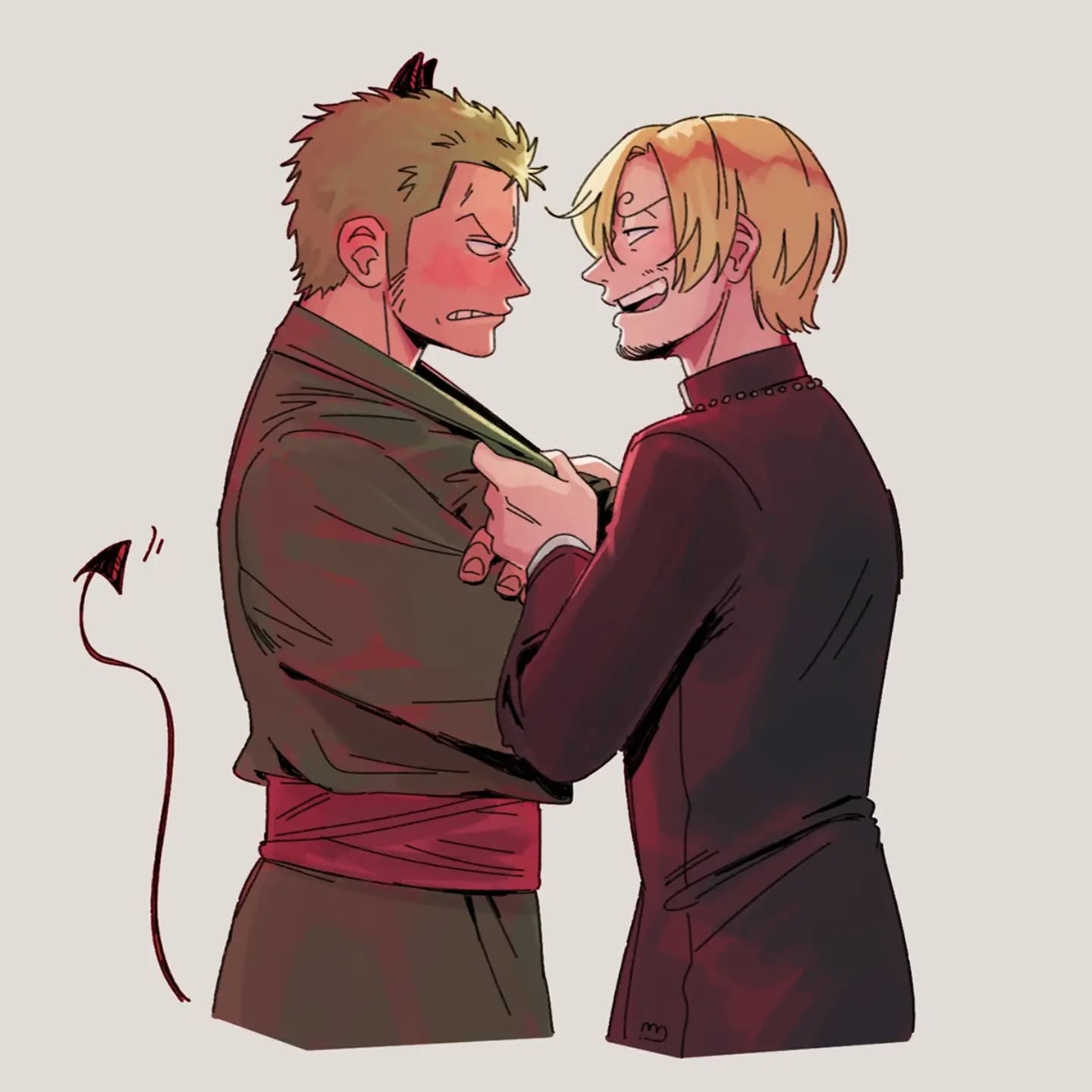 the image is a piece of fanart depicting zoro and sanji from the anime/manga one piece.  it's a closeup illustration focusing on the two characters interacting intensely. zoro, with small devil horns, is dressed in a dark green kimonolike garment with a red sash, while sanji is in darker burgundy formal attire suggesting a priest's clothing.  their expressions are fierce, almost confrontational, yet suggestive of underlying tension or attraction.  the overall style is animeinspired with a slightly darker, more dramatic color palette emphasizing red and burgundy tones. the piece is clearly fan art due to the style and the clear romantic subtext between the characters. a small devil's tail is visible behind zoro, emphasizing his playful and mischievous nature.