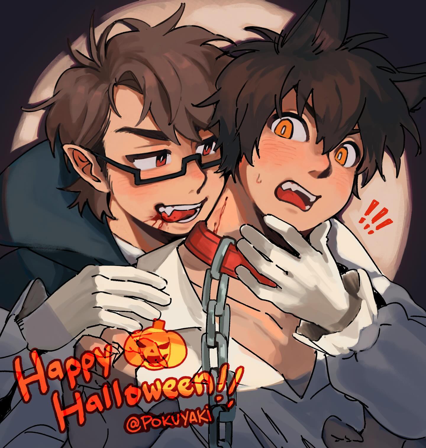 the image is a digital fanart illustration depicting two young men in halloween costumes. one is dressed as a vampire, with dark clothing, glasses, and fangs, and the other is dressed as a werewolf or similar creature, with pointed ears and a slightly fearsome expression. the vampire has his arms around the werewolf, who seems playfully or teasingly captured, with a red collar and chain around his neck.  there is a subtle suggestion of a romantic or playful dynamic between them. the style is soft yet detailed, with vibrant colors and a focus on facial expressions. a "happy halloween!!" message is included, along with the artist's tag "@pokuyaki". the background features a dark, moonlit setting.