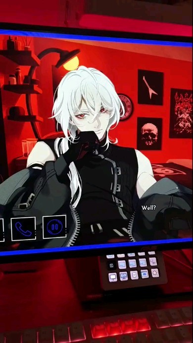 the image shows a computer screen displaying an animestyle male character with long white hair and red eyes. he's dressed in dark, gothicstyle clothing and is shown in a video call interface on the screen. the background of the video call is a red room with gothic decor, including framed pictures and wall hangings. the computer itself is part of a gaming setup, with a keyboard and control panel visible. the overall aesthetic is dark and gothic, with the red lighting enhancing the mood.