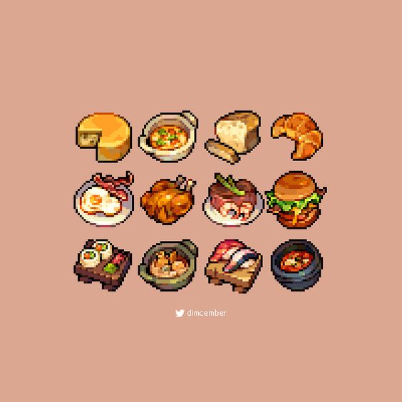 the image shows a grid of nine pixel art food icons. there is a slice of cheesecake, a bowl of soup, a slice of bread, a croissant, a plate of eggs and bacon, a plate of roasted chicken, a plate of steak and shrimp, a burger, a plate of sushi, a bowl of ramen, and a plate of sashimi.
