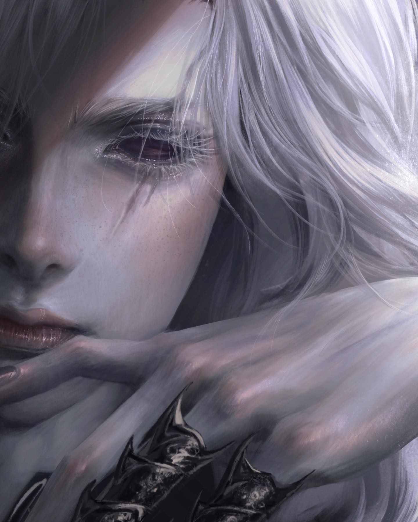 the image showcases a closeup portrait of a woman with striking white hair and pale skin. her expression is melancholic and ethereal, with dark, shadowed eyes adding to the overall gothic feel. her hands, adorned with intricate dark markings resembling gauntlets, frame her face. the lighting is soft, creating a dreamlike atmosphere.