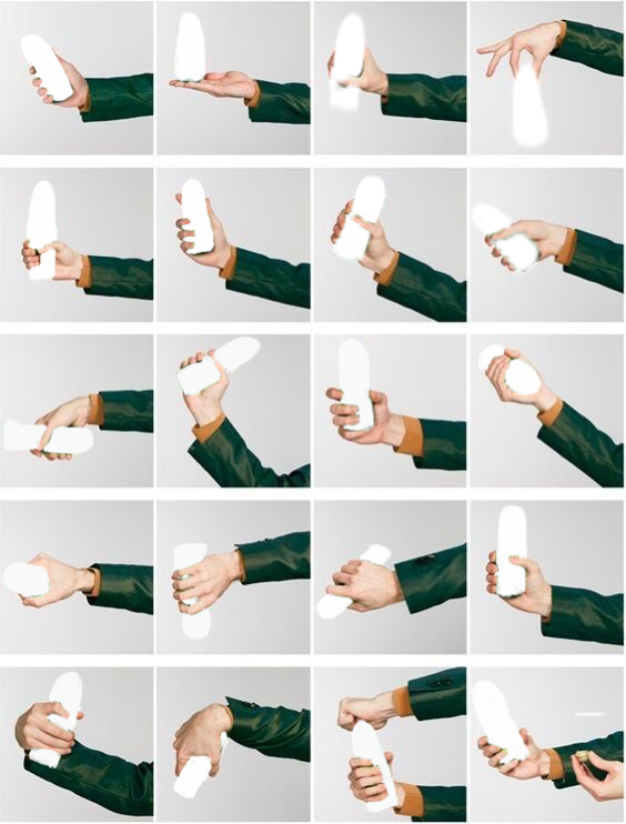 a photo set of a person's hands in various positions while holding a blank white bottle against a light grey background. these images are likely intended for use as mockups for product photography or branding purposes.
