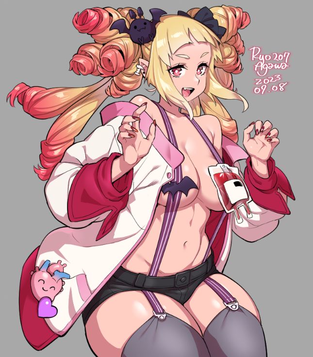 a cartoon image of a woman with blonde hair in a white coat, pink suspenders, and a black leather skirt, holding a blood bag. she has a big smile and appears to be happy.