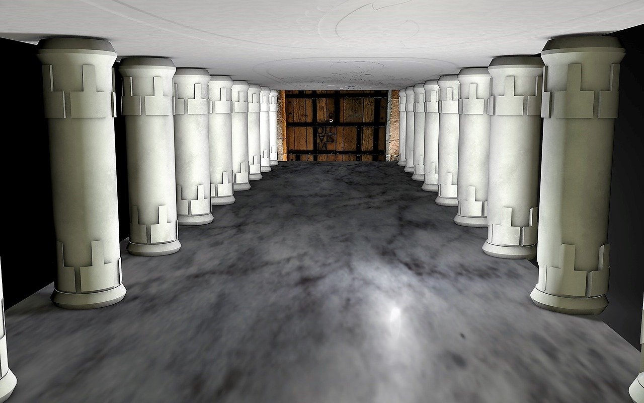 a long hallway with rows of white, squareshaped columns lining both sides, leading towards a heavy wooden door at the end. the floor is made of gray marble, with a shiny, reflective surface. the ceiling is white and has a circular design. the walls between the columns are dark, creating a contrast with the white columns. the perspective gives a sense of depth to the hallway.