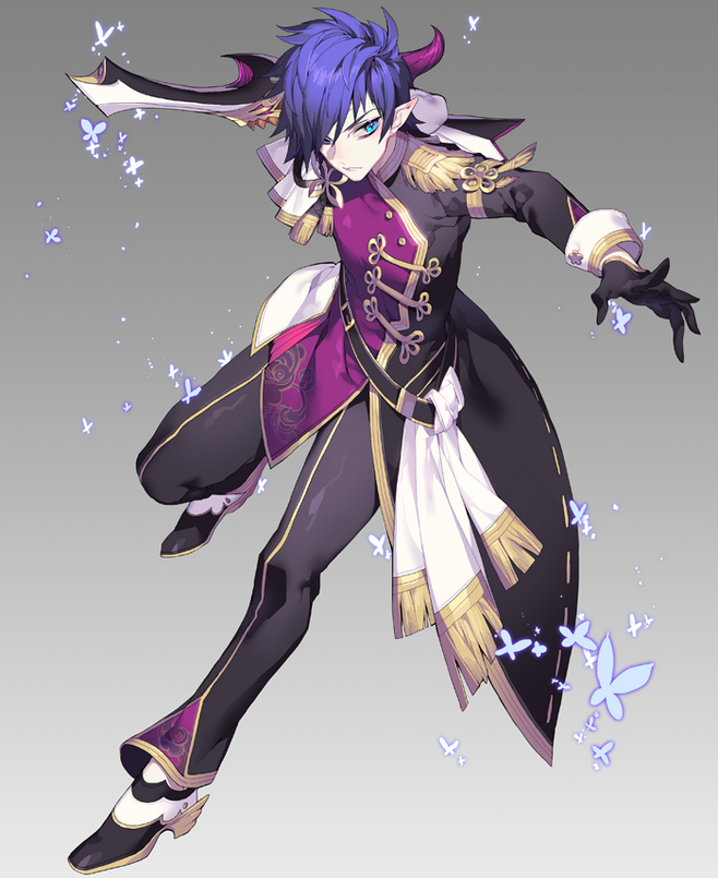 an anime character with blue hair and red eyes is standing in a fighting pose. he is wearing a purple and black outfit with gold accents. he has a sword in his right hand and there are butterflies flying around him. the background is a light gray.