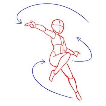 a sketch of a person striking a dynamic pose, drawn in red and blue lines to show movement and flow.  the blue arrows indicate the direction of movement.