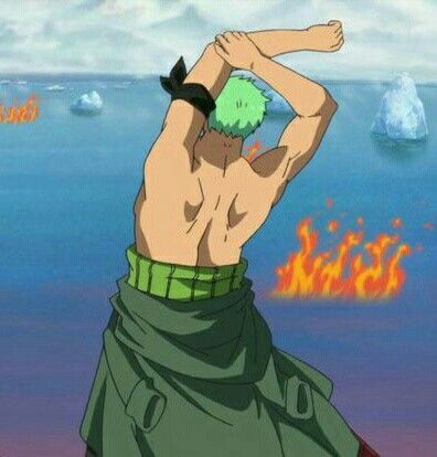 the image shows the back of a muscular, greenhaired anime character stretching his arms. he's shirtless and wearing dark green pants. the setting appears to be a body of water with small, distant icebergs and stylized flames erupting from the surface. the overall lighting is bright, resembling daylight.