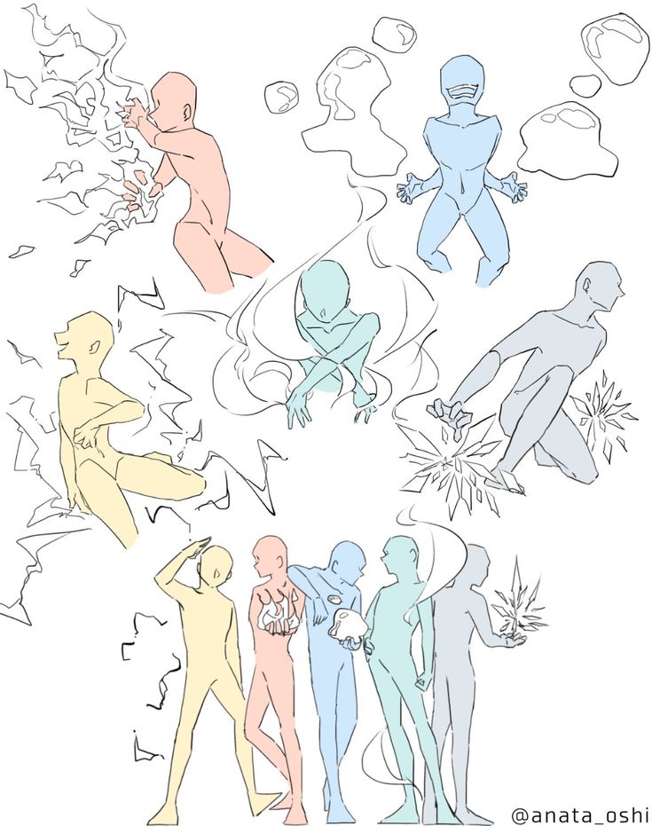 this is a digital drawing of 8 anime characters, each representing one of the four elements. each character is in a different pose, giving the viewer many options for their own artwork. there is a fire element, water element, earth element and air element in the image.