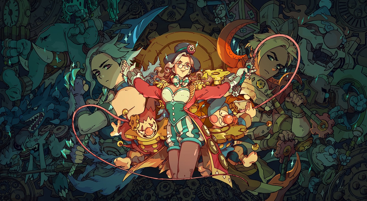 the image is a vibrant and whimsical piece of digital artwork in a steampunk style. it features a central character, a ringmasterlike female figure in a colorful,  steampunkinspired outfit, surrounded by a cast of quirky characters. these include clowns, robots, and creatures that appear to be a blend of mechanical and organic elements.  the background is densely packed with intricate gears, cogs, and clockwork mechanisms, contributing to the steampunk aesthetic.  the overall style is cartoonish and playful, yet detailed and rich in texture. the scene suggests a fantastical world, perhaps from a video game or comic book. the color palette is bright and saturated, with contrasting warm and cool tones. the artist's style is reminiscent of cartoon illustrations with a focus on dynamic poses and expressive character designs.