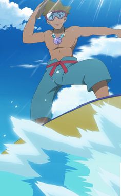 a cartoon man with brown skin, brown hair, and blue eyes is surfing on a yellow surfboard. he is wearing blue swim trunks and a red belt. he is also wearing blue goggles on his head. the sky is blue with some white clouds. the ocean is a light blue color.  the sun is shining brightly on the man. the image is from a low angle, making the man look taller.