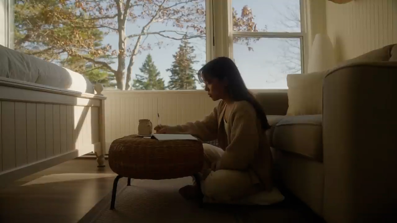 a young woman is sitting on the floor in a cozy room, bathed in soft, warm, natural light streaming in from a large window.  she is writing in a notebook, with a mug beside her on a woven ottoman. the room is minimally decorated in neutral tones, with a white couch behind her and a rug on the wooden floor. outside the window, the trees display the warm colors of autumn.  the overall atmosphere is one of peace and tranquility.