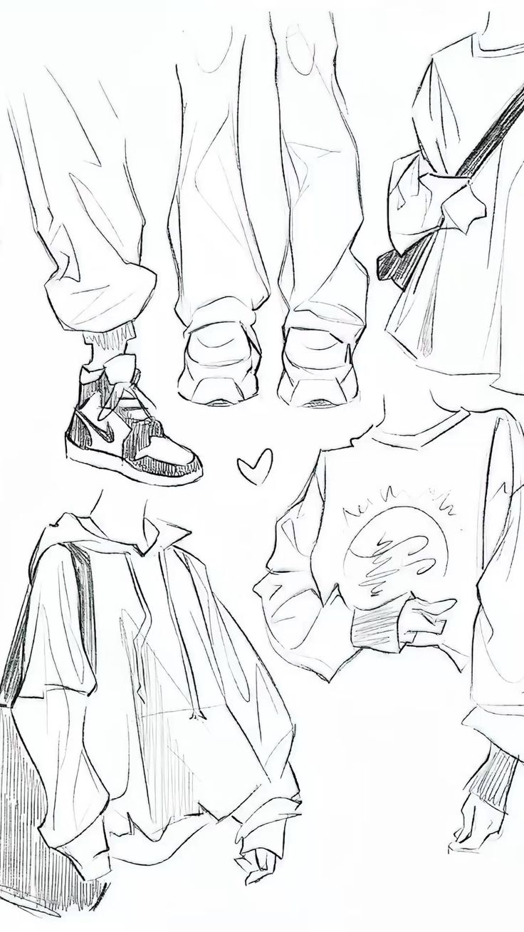 his image contains several fashion sketches, each depicting different articles of clothing. the sketches are done in pencil and show varying styles of streetwear. they include detailed illustrations of hoodies, sweatshirts, pants, sneakers, and other casual clothing items. the style is loose and expressive, capturing the essence of the garments rather than precise details. the sketches appear to be part of a larger fashion design collection or study.