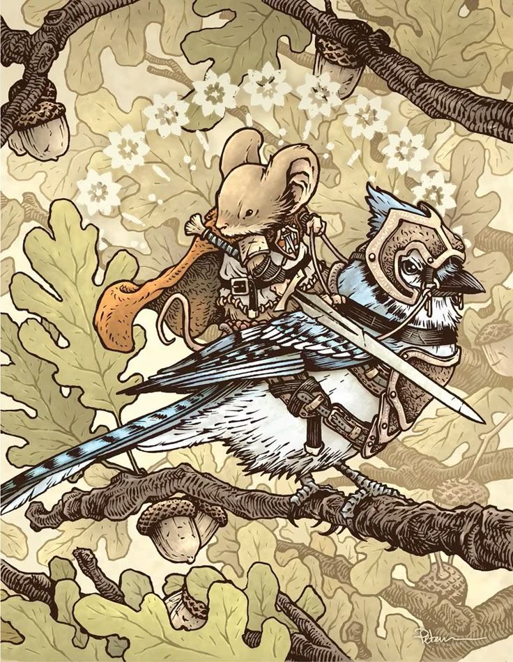 an illustration depicts a mouse wearing armor and a cape riding on a blue jay that is also wearing armor, including a helmet with eye protection. the blue jay has a sword strapped to its side. they are perched on a tree branch surrounded by leaves and acorns. the background includes more leaves, acorns, and small white flowerlike shapes.