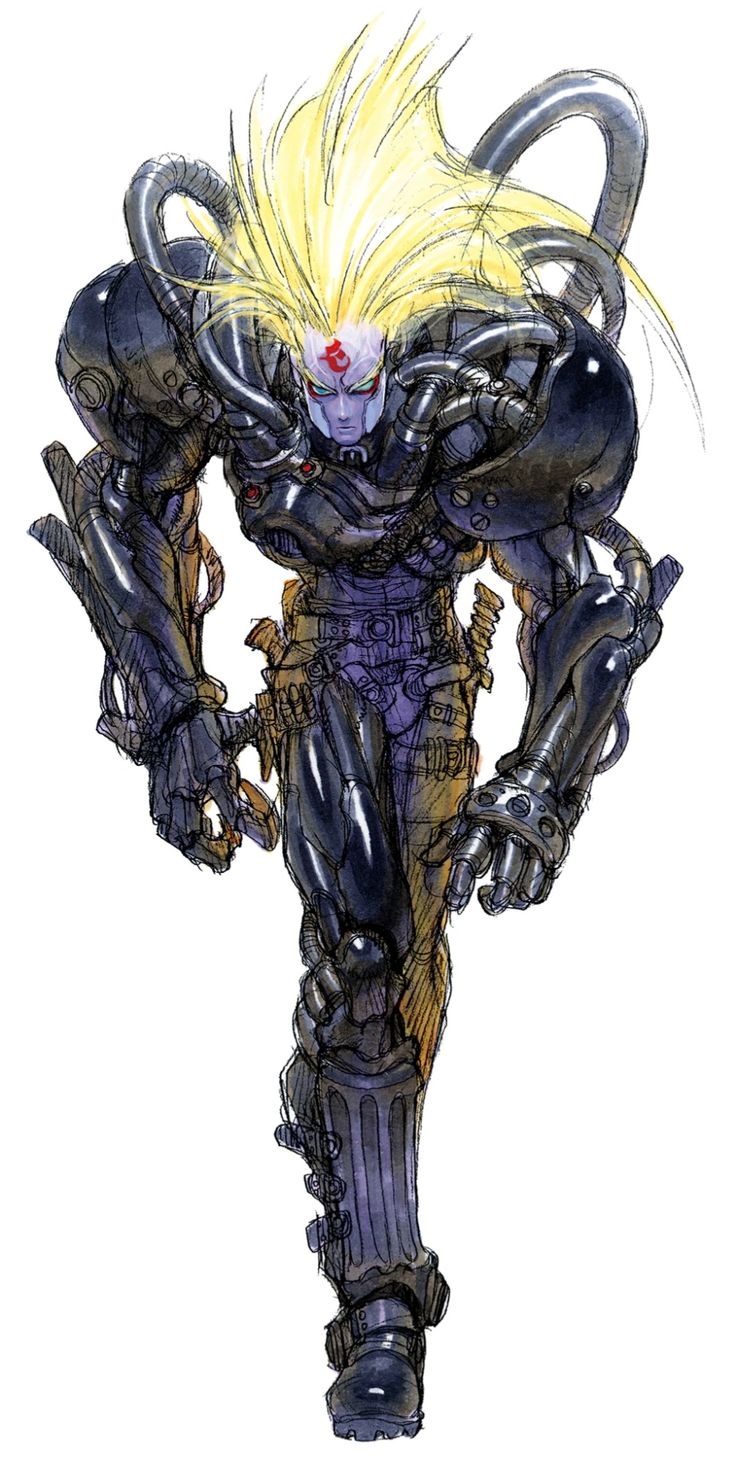 this image shows a detailed drawing of a cyborg character from a video game. the cyborg has a humanoid shape, with a large, black, armored body.  the cyborg has a long, flowing mane of blonde hair and appears to have a metal helmet of sorts with a glowing red third eye. the cyborg is depicted in a dynamic pose with its arms extended outwards. the image is stylized with bold lines and darker shades of black and grey. the cyborg character appears to be both powerful and dangerous.