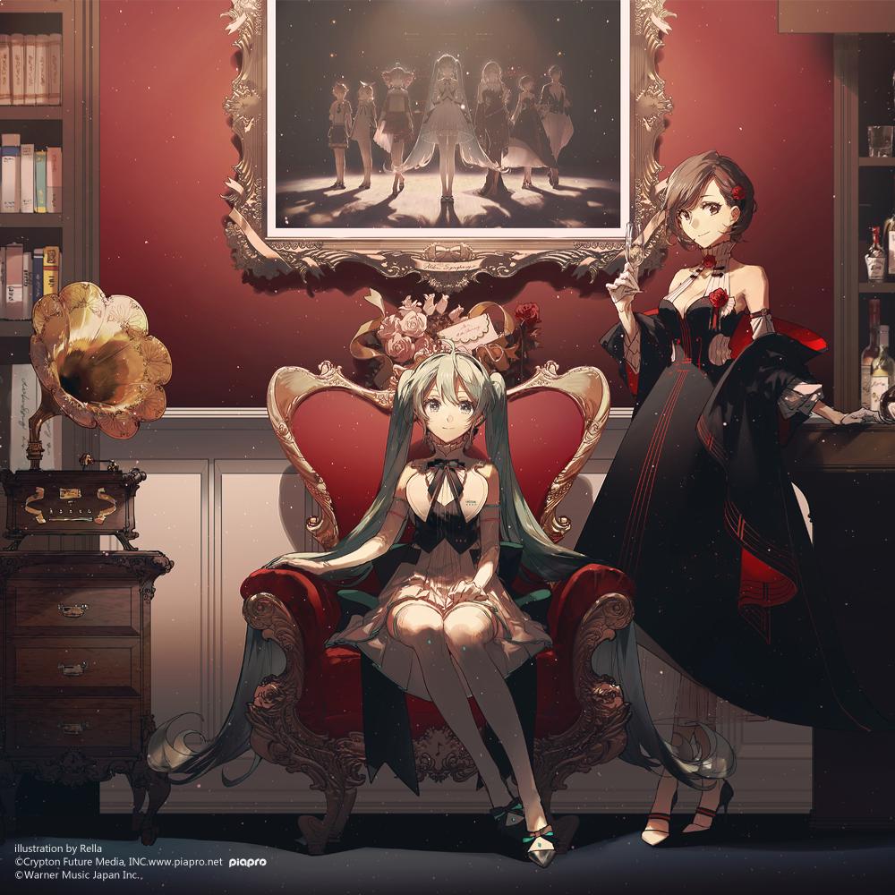 a digital art piece depicts hatsune miku, an anime girl, seated regally in a red ornate chair within a lavish room setting. she sports a refined black and white dress with stockings and stylish shoes, her iconic teal twintails cascading around her. beside her stands a woman in an elegant black gown with red accents, holding a stemmed glass, presumably filled with champagne. above them hangs a grand framed painting featuring a group of animestyle figures. a classic phonograph with a golden horn is positioned to the left, atop a dark wooden cabinet. the room's decor is rich and warm, with a red wall behind the subjects and a wellstocked bar visible on the right. the illustration style is detailed and refined, lending a sophisticated air to the composition.