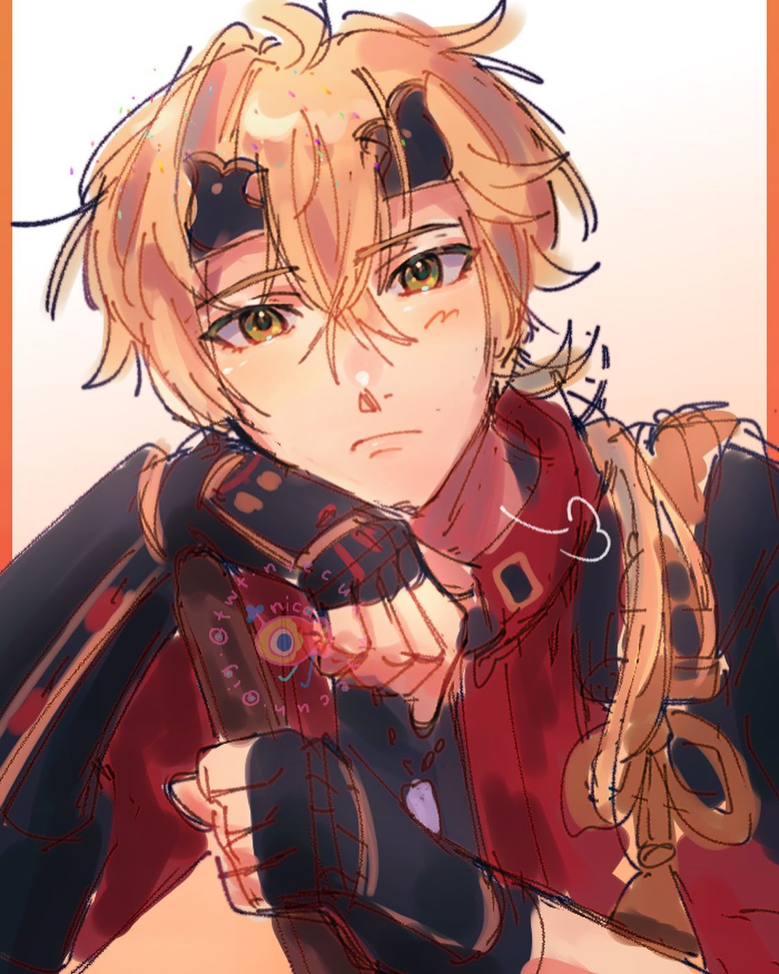 the image is a digital fan art illustration depicting a young animestyle male character. he has long, light blonde hair, bright yellow eyes, and is wearing a red jacket with black detailing and matching black fingerless gloves. his expression is somewhat pensive or thoughtful. his hair is styled with loose strands, and there's a small heartshaped doodle near his collar. the art style is loose and painterly, with soft shading and less defined lines, giving it a gentle and dreamy feel. there are also small decorative elements, including some colorful speckles around his head, that add to the overall whimsical atmosphere. the background is simple and muted, keeping the focus on the character.