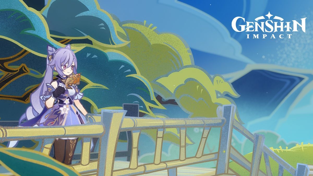 a vibrant and colorful illustration from the popular video game "genshin impact." the image showcases a young anime girl with long purple hair, wearing a white dress with purple accents. she is standing on a wooden bridge with a yellow railing, holding a fish in her hand. the background features a serene landscape with blue skies, fluffy clouds, and lush green grass. the game's logo "genshin impact" is displayed prominently at the top of the image, adding a touch of branding. the overall mood of the illustration is peaceful and whimsical, perfectly capturing the game's world and its characters.