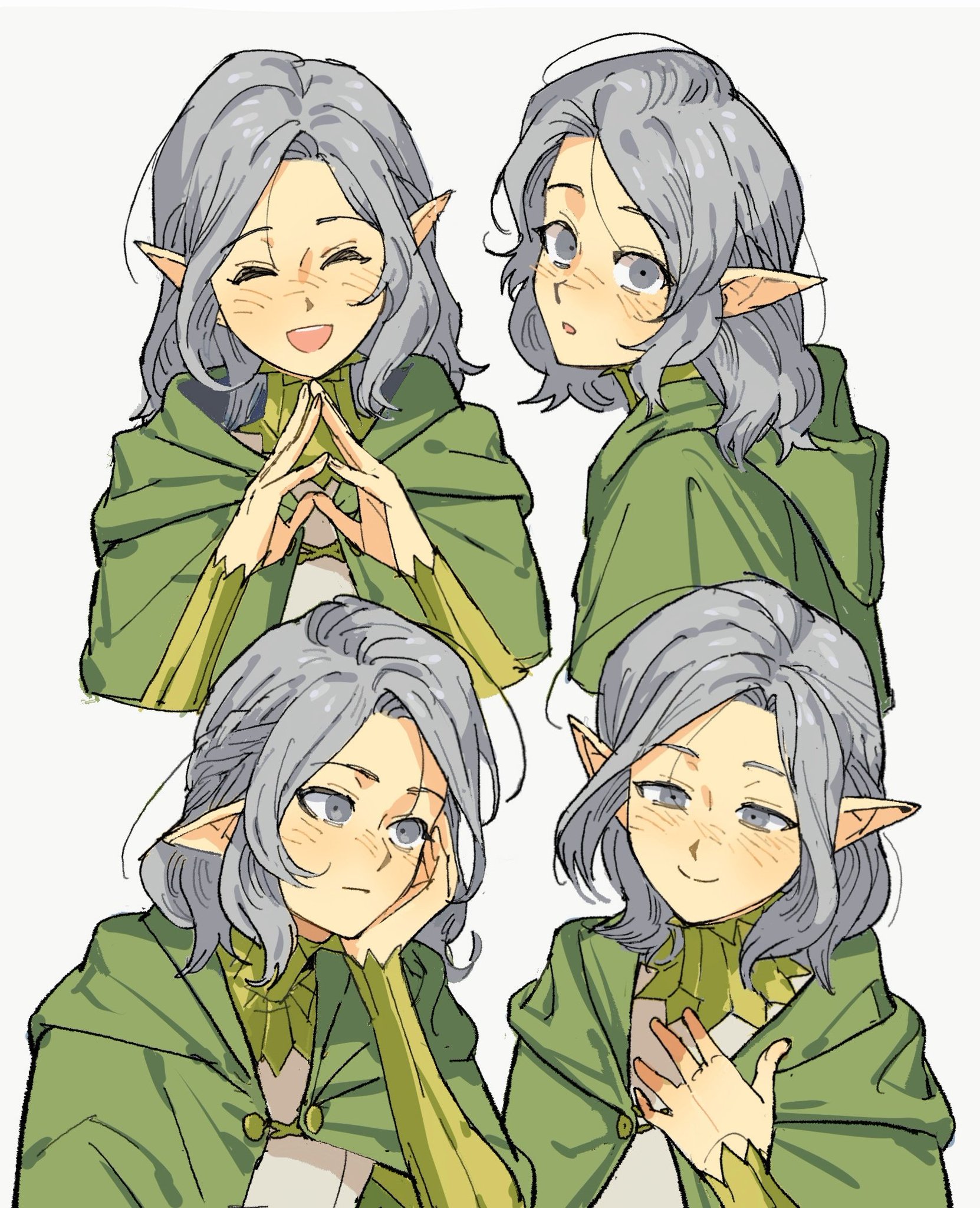 the image showcases four different expressions of the same animestyle female elf character.  she has gray, shoulderlength hair, pointed ears, and wears a green hooded cloak. the expressions range from a happy, joyful expression with hands clasped together, a pensive expression with a hand supporting her chin, a more neutral/calm expression, and a pleased, almost shy expression with hands together near her chest. the art style is casual and slightly sketchy, with soft lines and pastel coloring.  the background is plain white, emphasizing the character.