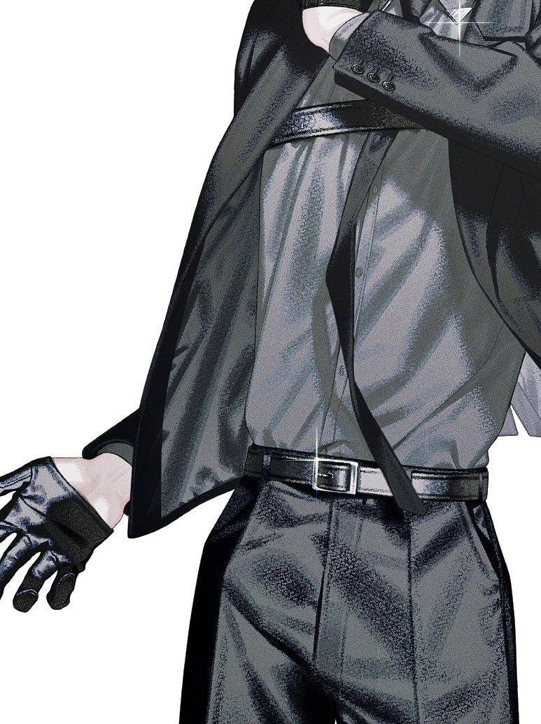 a closeup illustration of an anime or manga male character's torso and upper body. the character is dressed in a stylish, formal outfit consisting of a black suit jacket, a light grey collared shirt, black trousers, a black belt, and black gloves.  the illustration is detailed, showing the texture of the clothing and the subtle shading and highlighting. the overall style is elegant and sophisticated, with a focus on the character's attire. the background is plain white, drawing attention to the character and their clothing.