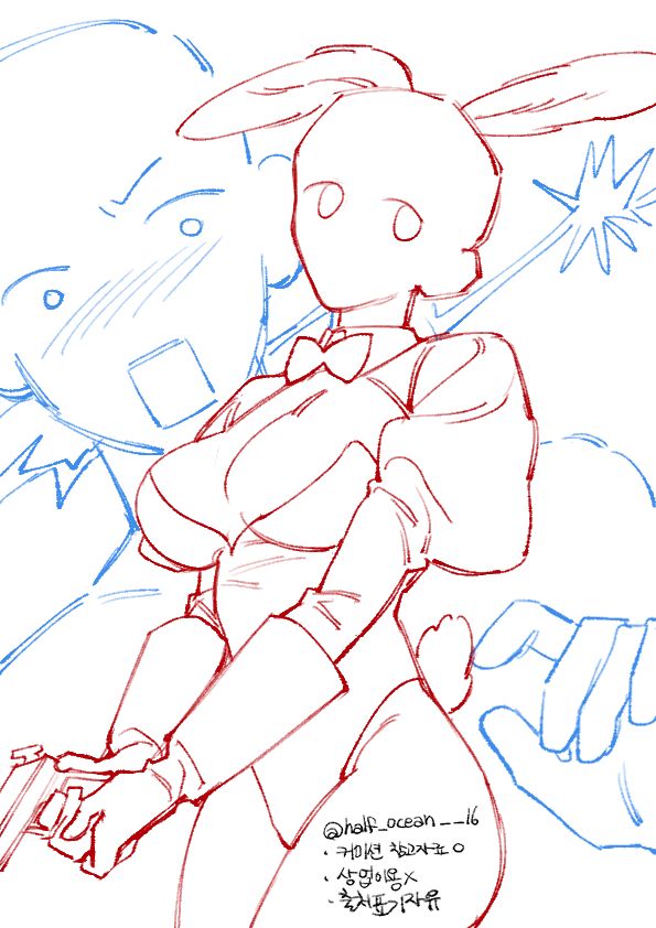 a hand drawn sketch of a girl dressed as a bunny girl,  holding a gun and blushing. she is wearing a bow tie and a sexy, revealing costume.  the background is a blurry sketch of another character.