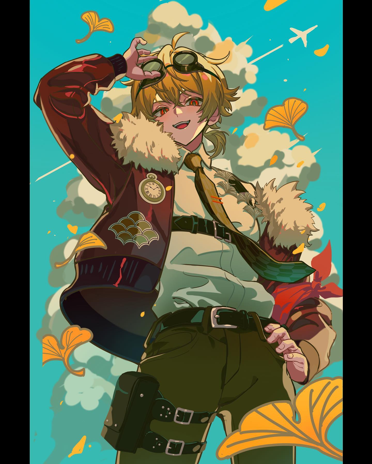 a digital art illustration of an anime character. the character is a young blonde haired man wearing goggles, a leather jacket, jeans and a belt.  he's standing in front of a background that has a sky with clouds and ginko leaves falling down. there's also a plane flying in the distance.