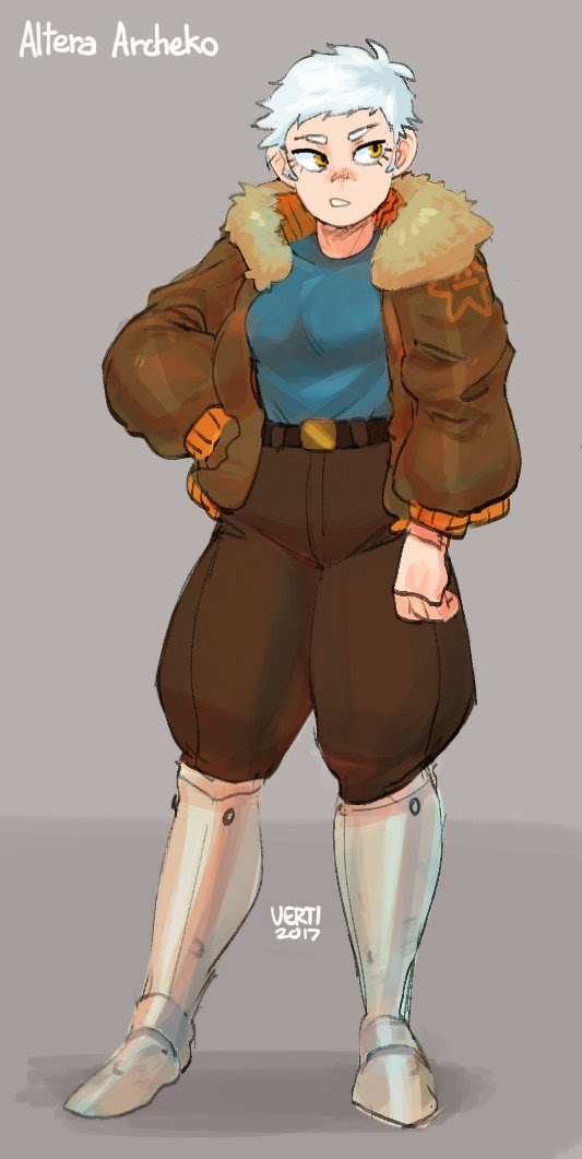 an anime style drawing of a girl with white hair, a brown jacket with fur trim, and brown pants. she is wearing white boots.