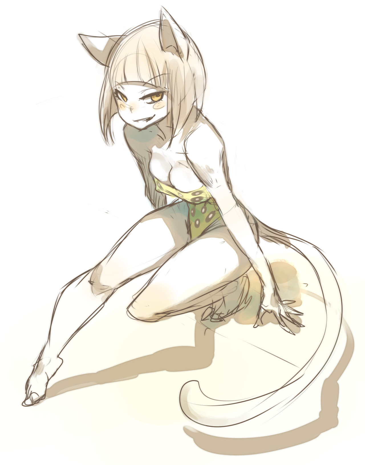 a sketch of a white cat girl sitting on the ground. she has cat ears, a tail, and a white swimsuit. she is looking down and her right hand is on the ground.  her left hand is behind her.  her right leg is bent, and her left leg is straight out in front of her.  her feet are visible, and her tail is curled up behind her.