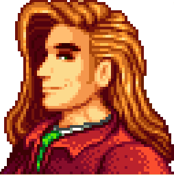 this is a pixel art portrait of a man with long, flowing blond hair. he is wearing a red jacket over a green shirt. he has a neutral expression and is looking to the left.