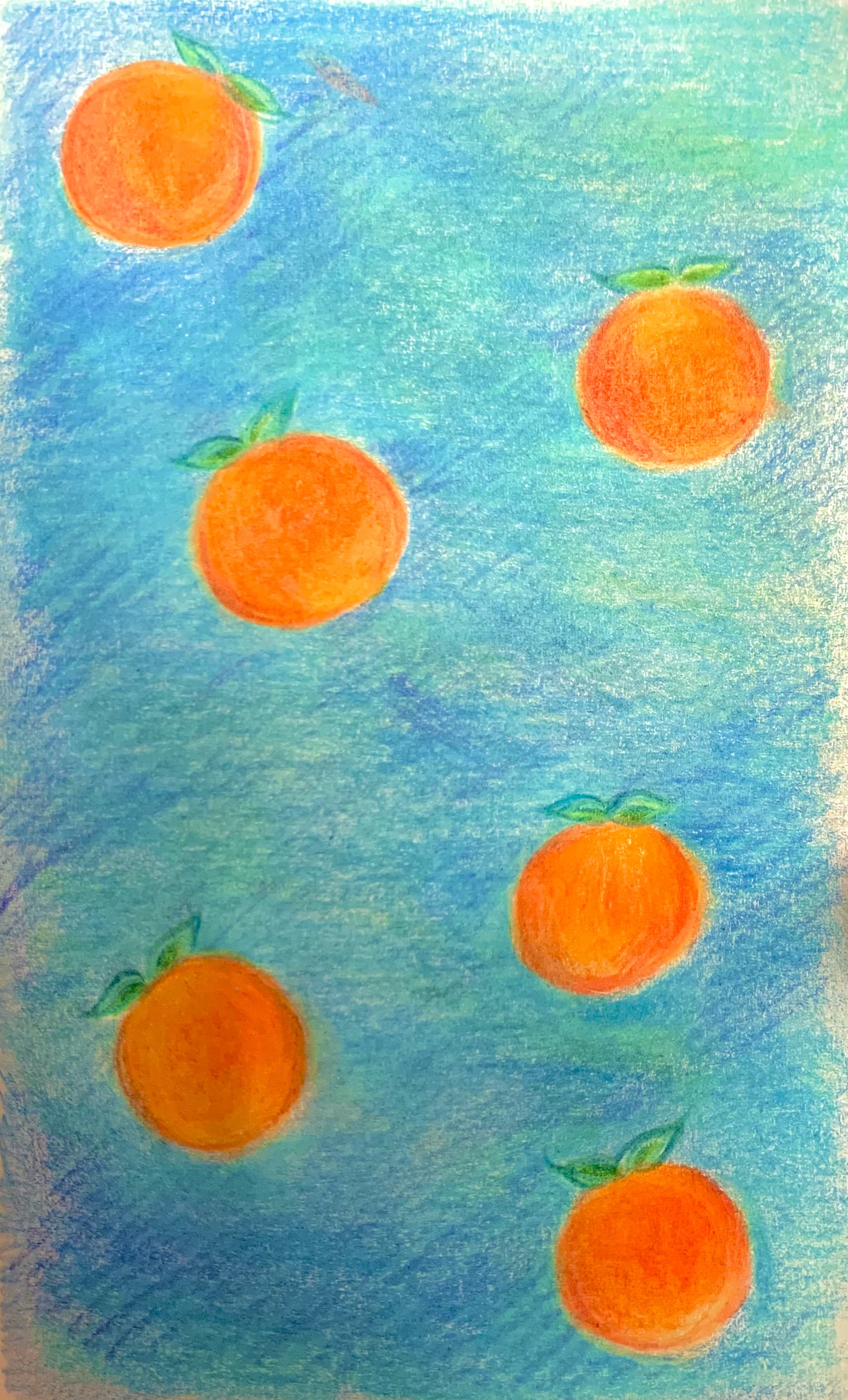 the image is a drawing of six oranges on a blue background. each orange is drawn with a green stem and leaf. the drawing is simple and childlike, with the oranges and leaves outlined in black. the colors are bright and cheerful.