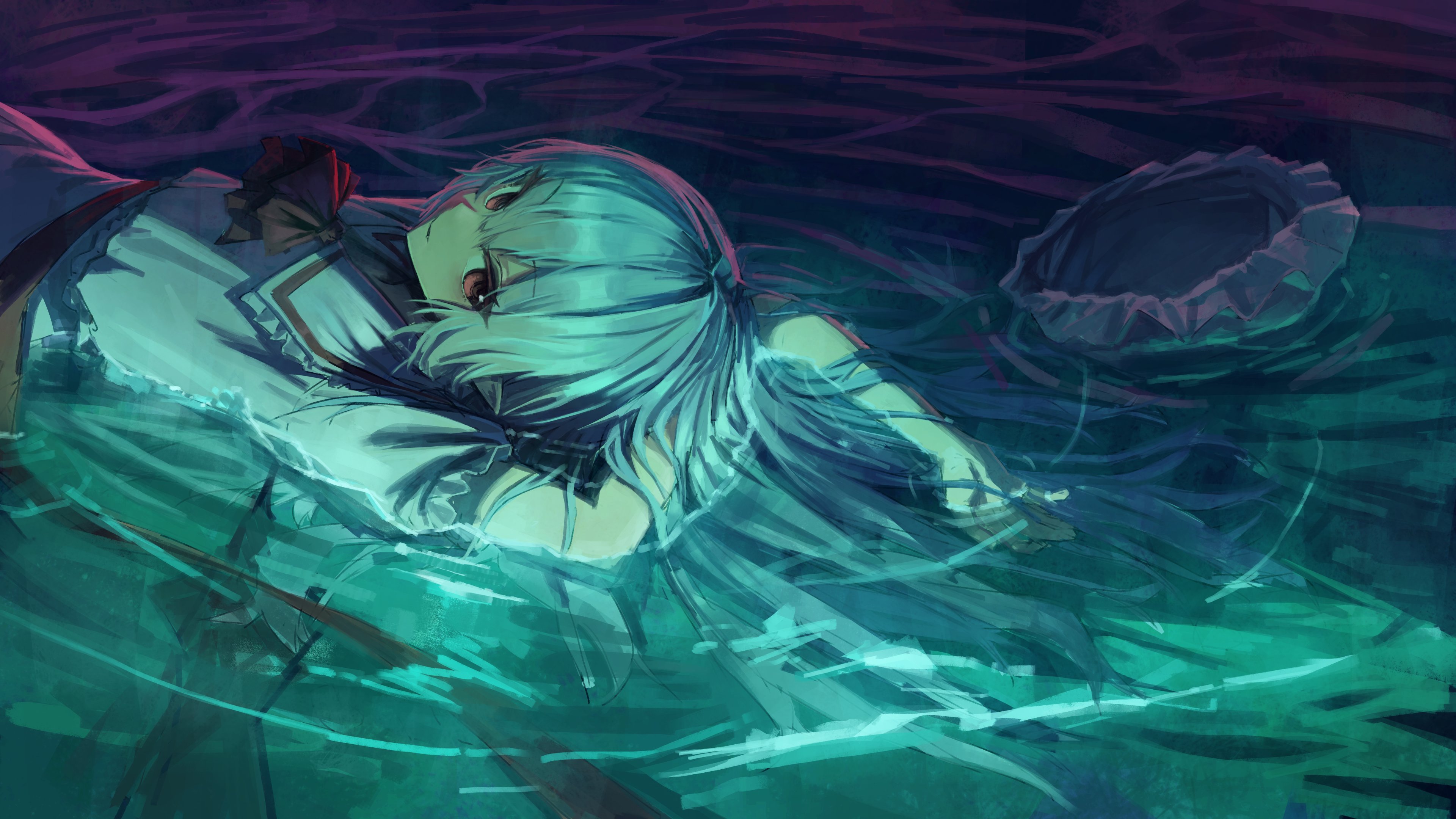 the image is a digital painting of an anime girl with long, teal hair, submerged in dark teal water. she is wearing a lightcolored dress with a dark red bow. her red eyes are visible, and she appears to be peacefully floating in the water. the overall mood is mysterious and dark, with a fantasylike feel. the style is painterly and expressive, with visible brushstrokes. a dark bonnetlike object floats nearby in the water.