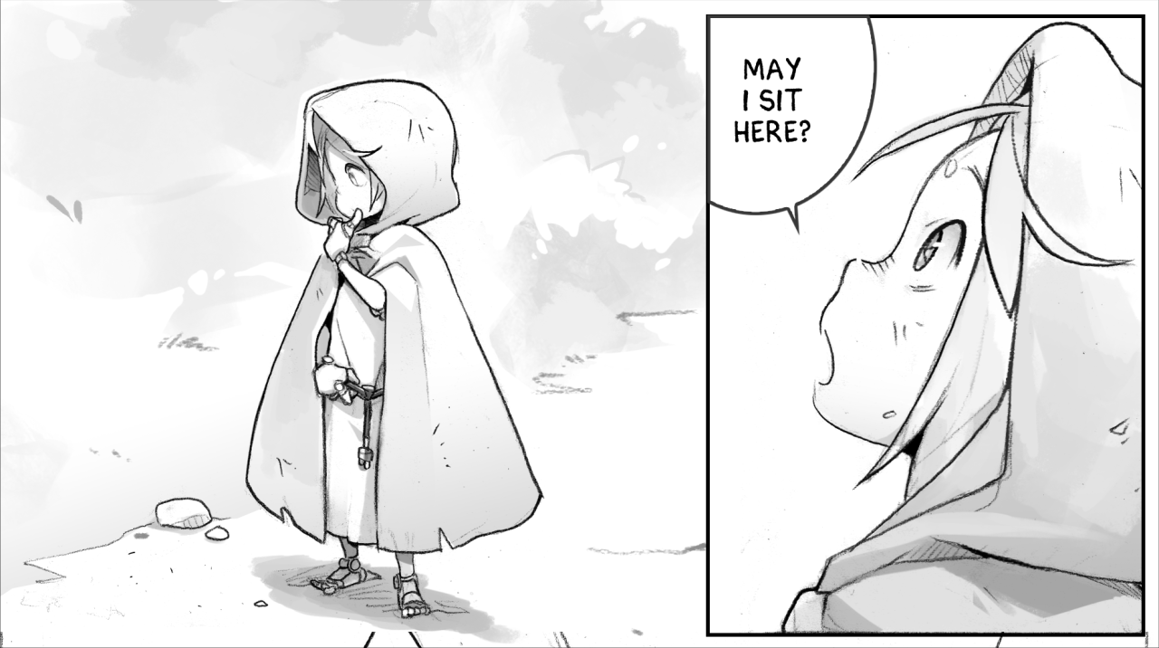 a twopanel black and white mangastyle comic shows a young person in a hooded cloak approaching another, unseen person. the perspective is from the second person's point of view. the hooded person is small, with their face mostly obscured by shadow and the hood. they appear to be deep in thought, with one hand on their chin. the background is simple, suggesting a field or similar outdoor setting. in the second panel, the second person's face is seen in profile, their expression one of surprise. a speech bubble reads "may i sit here?". the art style is sketchy and expressive.