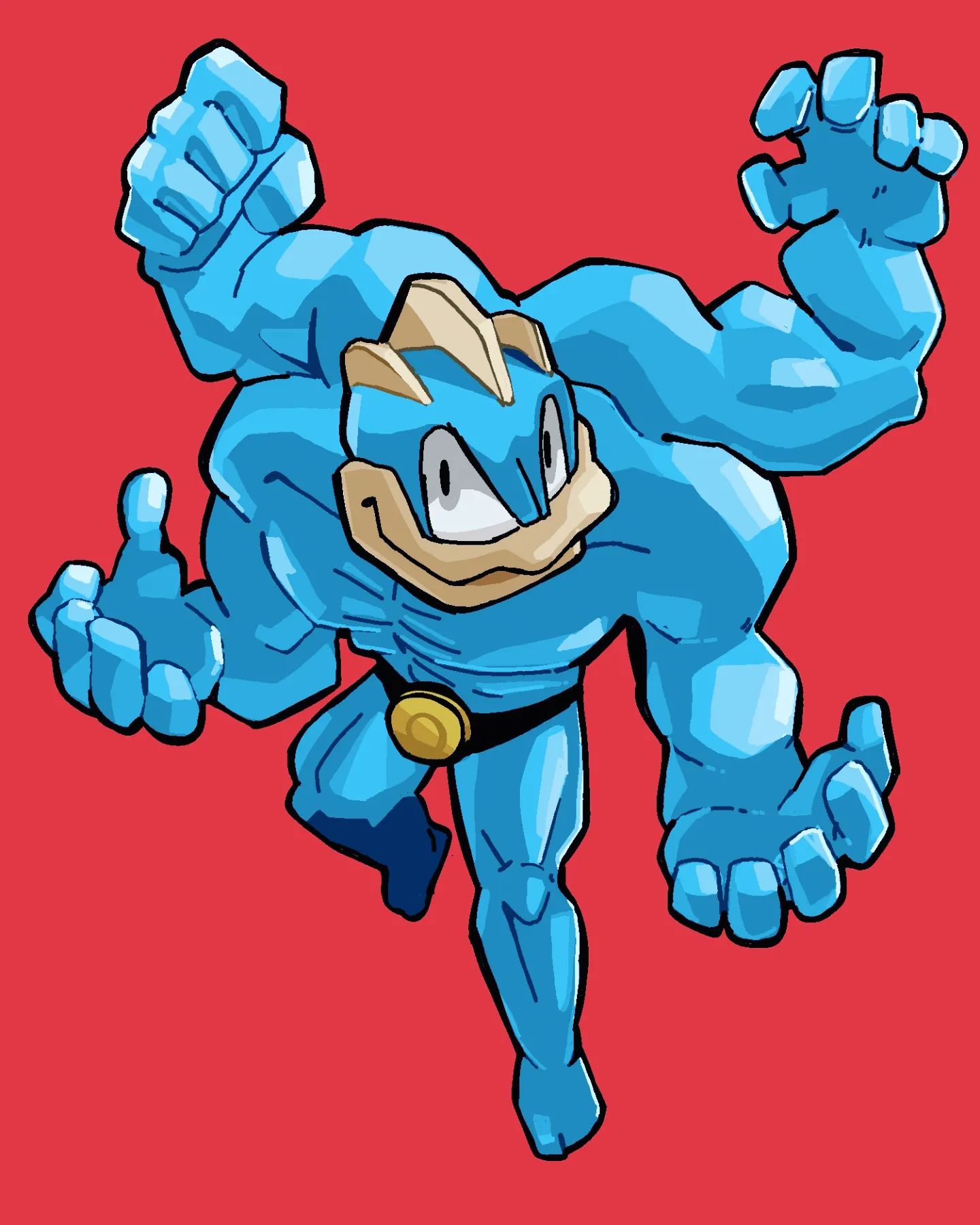 the image is a vibrant, stylized digital artwork depicting machoke, a pokémon known for its incredible strength. the artwork is in a comic book style, with bold lines and exaggerated features. machoke is depicted in a dynamic action pose, its powerful muscles emphasized, suggesting movement and energy. the color palette is simple, with a contrasting blue machoke against a red background.  the style is reminiscent of both classic pokémon art and modern animeinfluenced illustration. the piece is clearly fan art, a creative interpretation of the character.