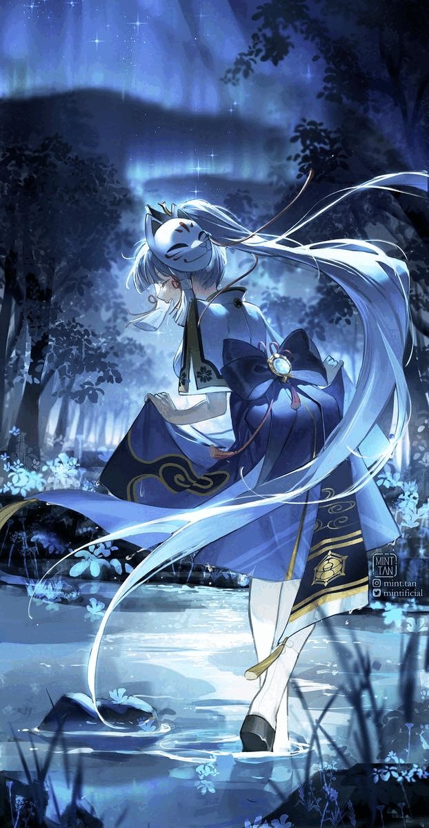 a beautiful anime girl with long white hair stands in a magical blue forest. she is wearing a blue kimono with a fox mask on her face, and she is surrounded by glowing flowers and a shimmering river. the image is full of magical and fantasy elements, and it is clear that the girl is a powerful and mystical being.
