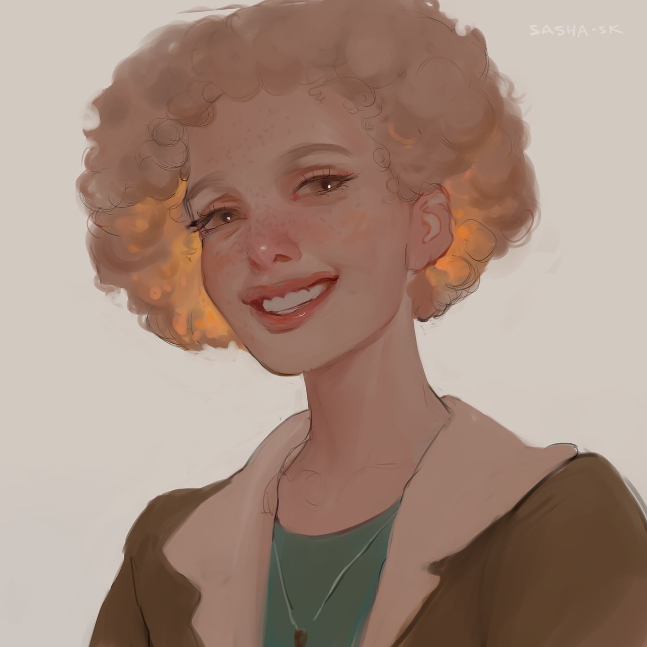 a digital painting of a young woman with curly, ginger hair and freckles. she is smiling brightly, conveying a sense of warmth and happiness. she wears a green shirt and a brown jacket. the background is plain. the lighting is soft and diffused. the color palette is warm and inviting.