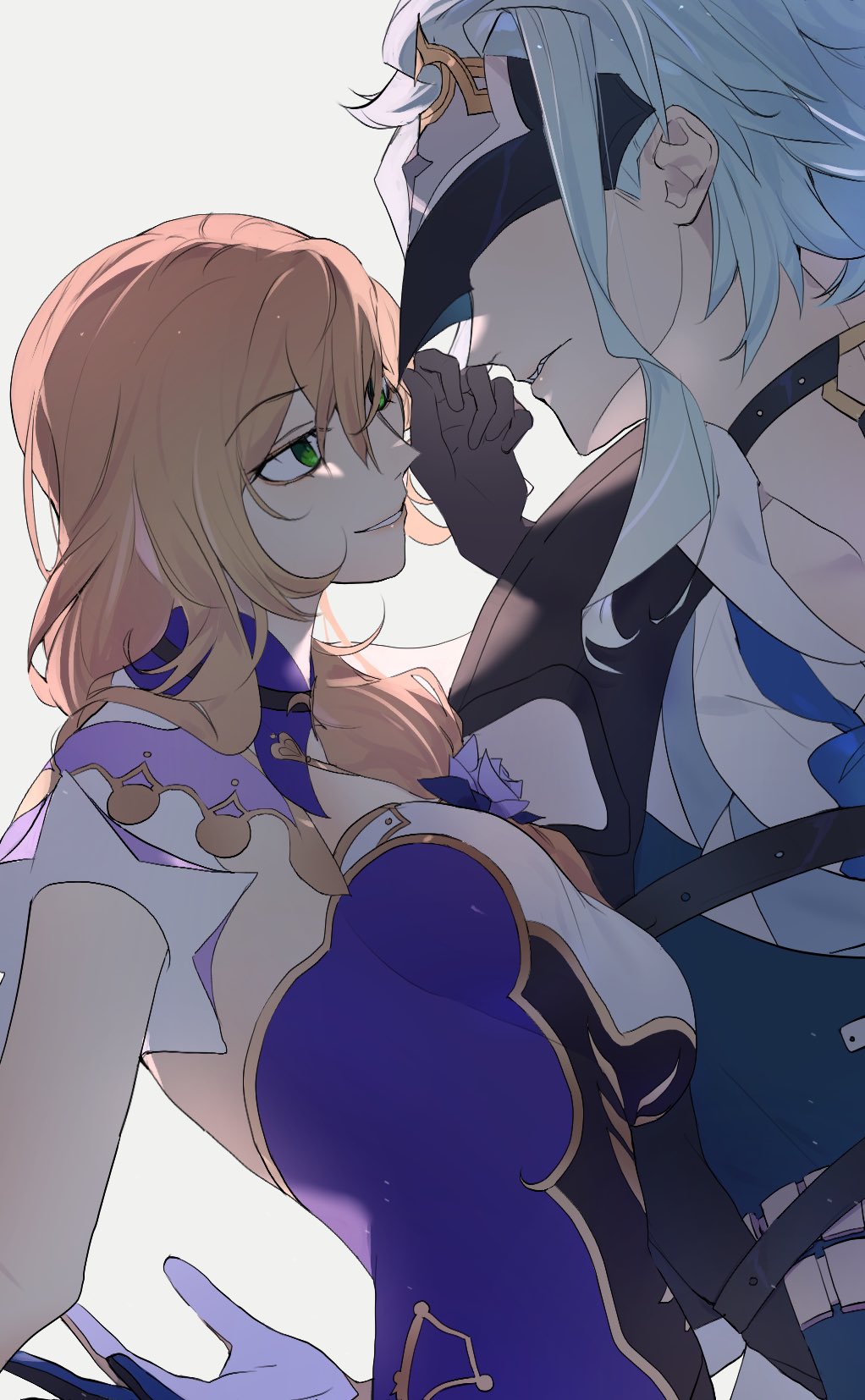 the image shows an anime couple, a girl with pink hair and a boy with white hair, standing close to each other. the girl is looking at the boy with a smile and the boy is looking at the girl with a soft expression. the girl is wearing a purple and white dress with a gold design and the boy is wearing a blue and black outfit with a white mask over his eyes. they are both looking into each other's eyes. the background is white.