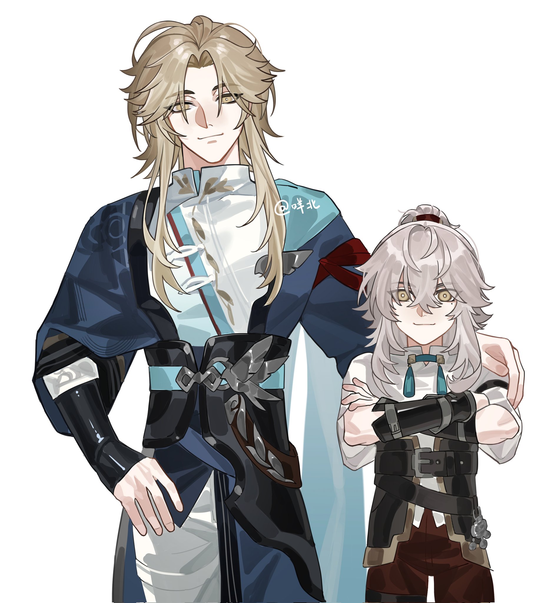 the image is an illustration of two anime characters. the taller character is male, with long blonde hair, blue eyes, and a gentle smile. he is wearing a blue and white outfit with black accents and has his arm around the shoulder of the shorter character. the shorter character is female, with short white hair, brown eyes, and a slightly more serious expression. she is wearing a black outfit with brown and red accents and has her arms crossed in front of her. they are standing side by side, seemingly close friends or perhaps siblings. the image exudes a sense of affection and warmth, suggesting a strong bond between the two characters.