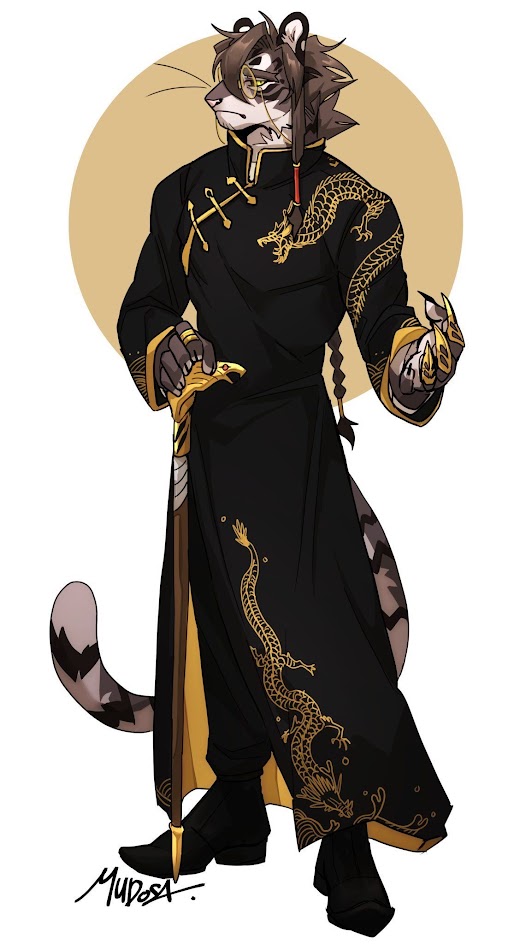 a black and gold anthro tiger with a dragon design robe and a cane. they have a monocle and a braid. the character looks elegant, dapper, and distinguished. they are set against a golden background. the character is looking at the viewer with a confident and slightly sly expression.