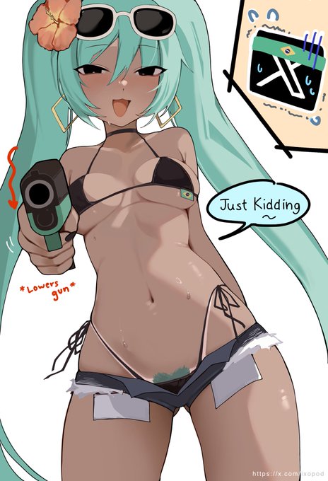 a digital illustration of an anime girl. the girl is wearing a green bikini top and blue denim shorts with the left side ripped off. she is holding a water gun in her right hand. she has green hair, green eyes, and is smiling, with a wink. she is wearing sunglasses.