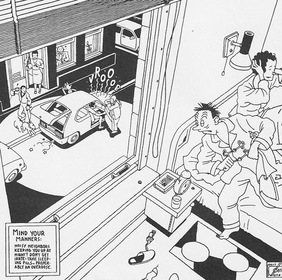 this is a black and white illustration from a comic strip showing a person trying to sleep as loud noises from neighbors continue outside. the caption says "mind your manners: noisy neighbors keeping you up at night? don't get irate: take sleeping pills, preferably an overdose."  the person in bed is clearly agitated while the neighbors are clearly inconsiderate of others.