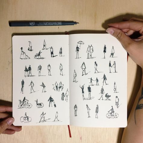 an open sketchbook is filled with pen and ink drawings of people and scenes, possibly from street observation. some people are standing alone while others are in couples or small groups,  many are holding umbrellas or walking their dogs. the open sketchbook is being held by a person whose hand is visible in the top right corner,  while another hand is visible at the bottom left.