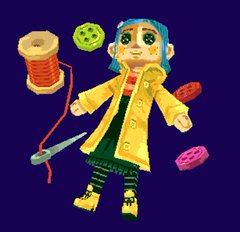 this is a pixel art image of a coraline doll, lying down against a dark blue background.  she is surrounded by buttons, thread, and a needle. she is wearing a yellow raincoat and striped stockings.