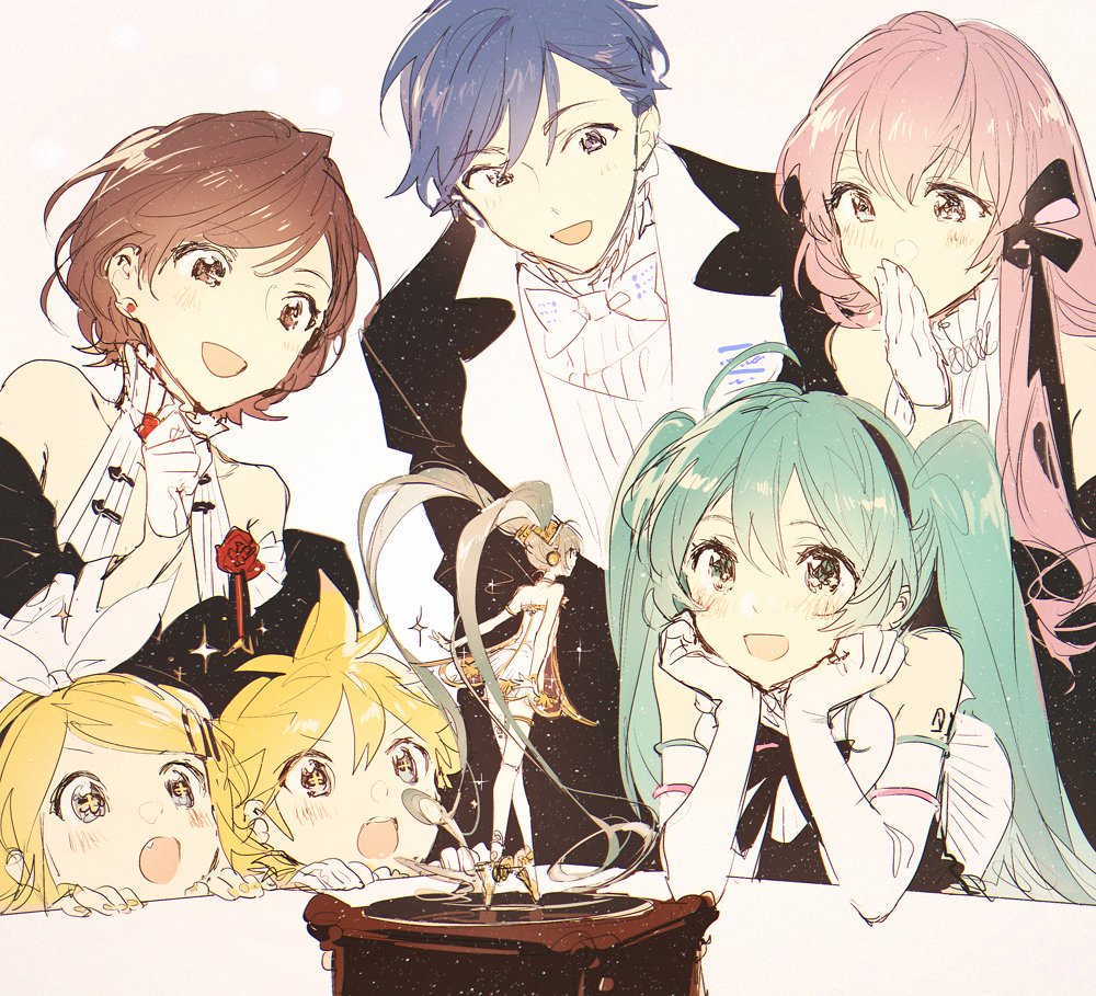 the image shows a group of vocaloid characters gathered around a music box that looks like a turntable. there's hatsune miku, rin kagamine, len kagamine, luka megurine, kaito, and meiko. they are dressed in formal wear, like tuxedos and dresses, and appear to be happy and excited as they watch the music box play. the style is like an anime illustration.