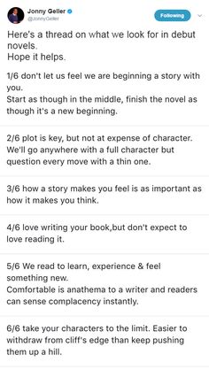 a screenshot of a twitter thread by jonny geller giving advice to writers on what publishing houses look for in debut novels.