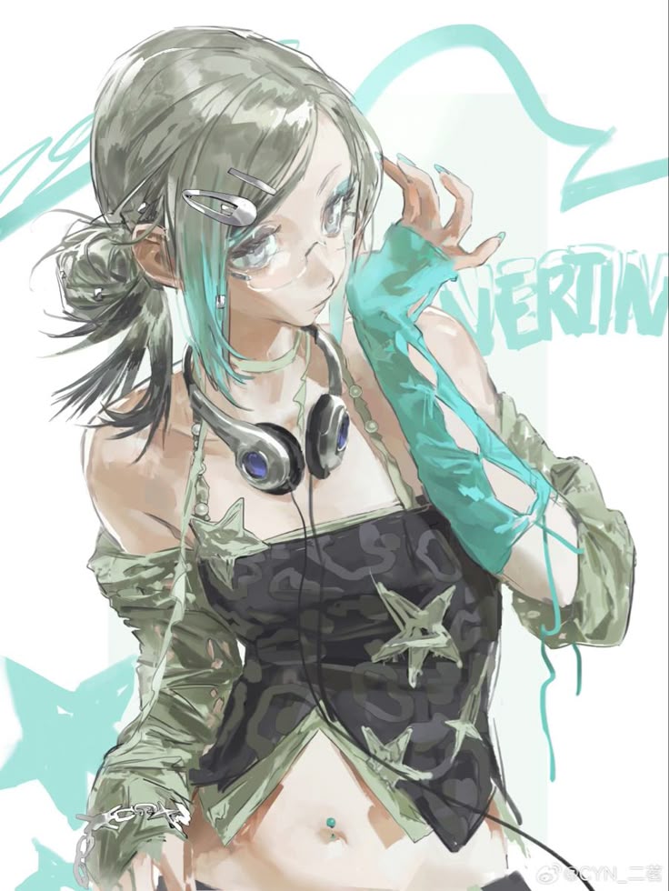 the image is a stylized digital illustration of an animestyle girl with greenishgrey hair featuring turquoise accents. she's wearing glasses and has hair clips in her hair. she is also wearing headphones, a black top adorned with stars, and fingerless turquoise gloves. the artwork includes a chain bracelet and a navel piercing. the overall style suggests a modern, edgy aesthetic.